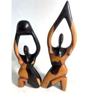 MCM Abstract Hand-Carved Couple Ebony Wood‎ Sculptures Set Of 2 Tribal Style